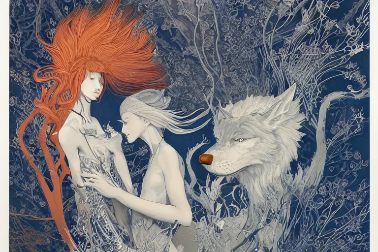 Image similar to werewolf portrait, phoenix in fire, orthodox saint, amalgamation of leaves and flowers. balenciaga, intricate complexity. matte paper, cut paper texture. by Jeffrey Catherine Jones, James jean, Miho Hirano, Hayao Miyazaki, coarse gritby. Full of light-blue and silver and white layers. Exquisite detail 8K