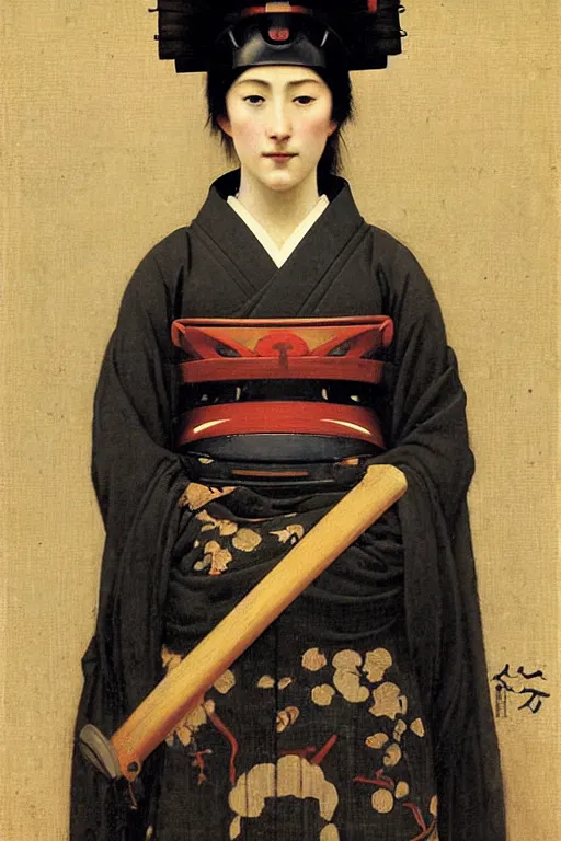 Prompt: portrait of a woman in samurai helmets, by bouguereau