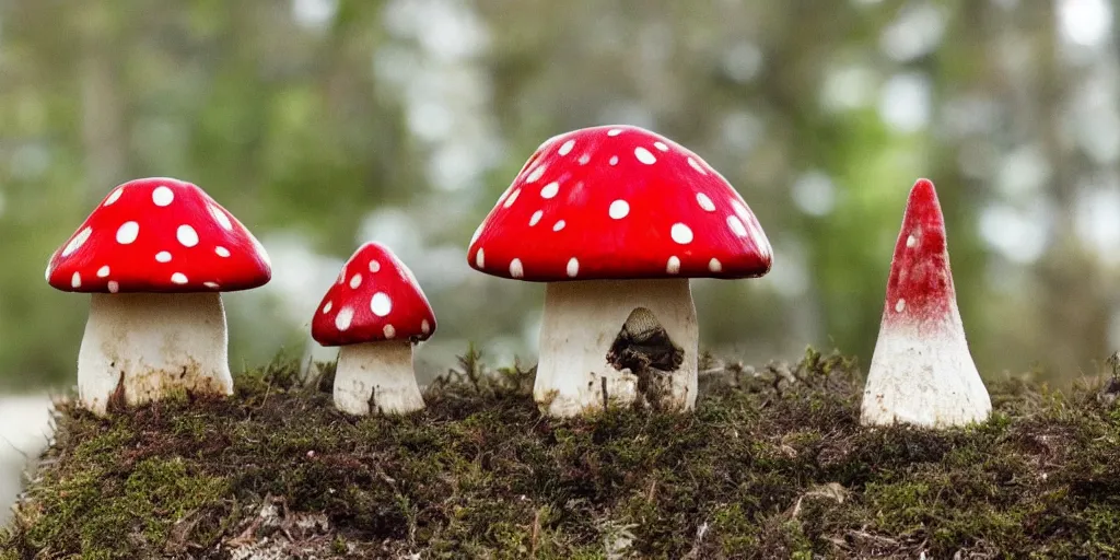 Prompt: cozy residence in the cap of an amantia muscaria mushroom with chimney