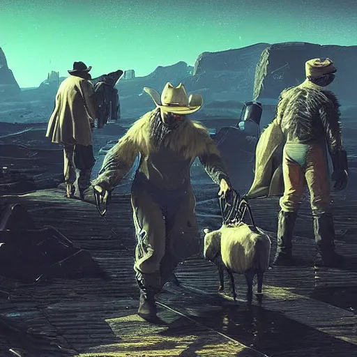 Image similar to Cyberpunk cowboys herding sheep in a No Man's Sky landscape in the style of Frederic Remington