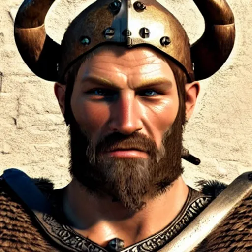 Image similar to a hyperrealistic render of a 9 th century viking, extremely pronounced masculine features, leather armor with nordic religious decorations, low dutch angle, face in focus, natural lighting, realism, nordic facial structure, muscular, unreal engine 5, octane