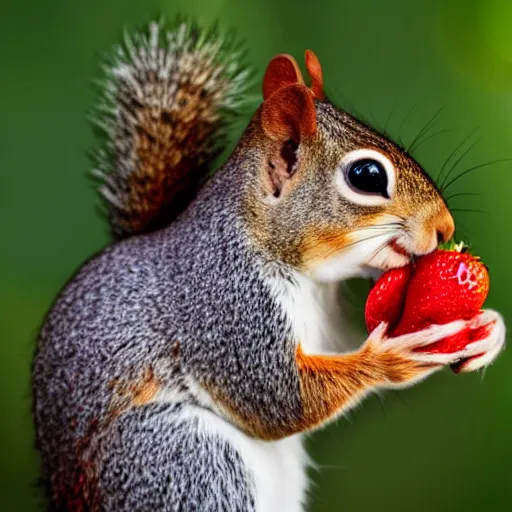 Prompt: fashion photography close - up photograph of a cute squirrel eating strawberries, studio lighting