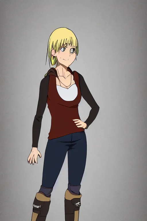 Prompt: anime style cel shaded portrait of a blonde woman, 40 years old, brown sun tanned skin, tattoos down left arm and back, wearing a charcoal vest top, white shorts and hiking boots, stood in sunshine in front of a door