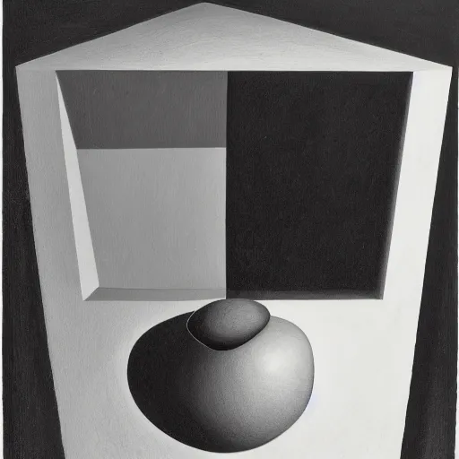 Prompt: geometric still life, Gertrude Abercrombie, highly detailed, black and white, masterpiece, trending on ArtStation, ultra realistic