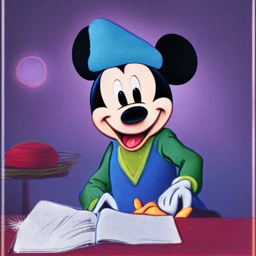 Image similar to mickey mouse with a blue hat on top of a table, a storybook illustration by walt disney, behance, magic realism, fantasy, mystical, reimagined by industrial light and magic