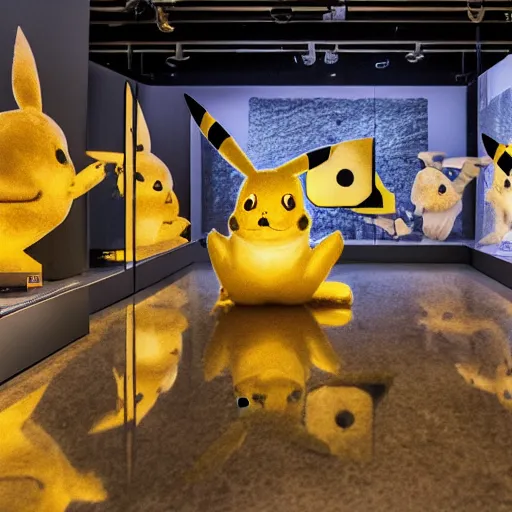 Image similar to Photograph of a full Pikachu archeology fossils, museum, light exposition