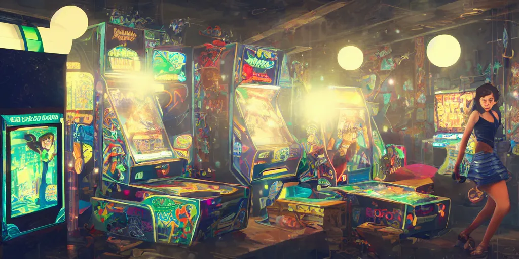 Image similar to an environmental concept art of a stylish woman playing an arcade machine in a cluttered arcade, highly detailed, environmental light, cinematic by francis tneh