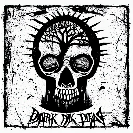 Image similar to dark death metal themed vector illustration for a record label, trees. forest, spikes, skull, microphone, skull, award winning, grunge, iconic, golden ratio