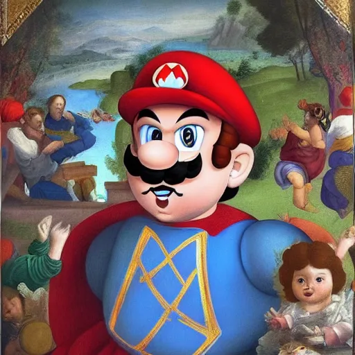 Image similar to a beautiful renaissance painted portrait of super - mario!!