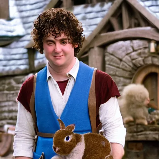 Prompt: surly clean shaven pudgy British lad with short curly dark brown hair as a hobbit wearing a white men's crossbody sling chest bag and blue vest standing next to a giant rabbit, blue vest! white crossbody chestbag! high resolution film still, movie by Peter Jackson