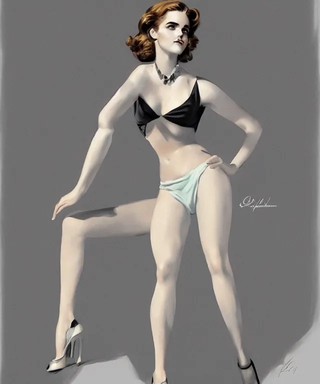 Image similar to emma watson pinup style full body portrait by Gil Elvgren, pinup pose, elegant, digital painting, trends on artstation, concept art