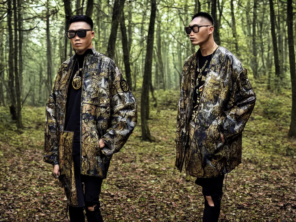 Image similar to versace avant garde male super oversized jacket arctic camouflage necklace textiles streetwear cyberpunk buff fit japanese asian man shaved head in the woods overcast late evening dramatic professional color 8 k hdr