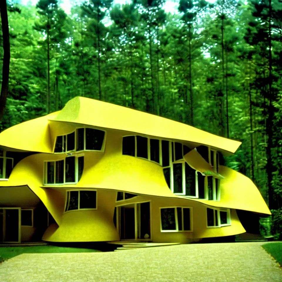 Prompt: a flat horizontal mid-century modern house with big tiles in a forest, designed by Frank Gehry. Film grain, cinematic, yellow hue