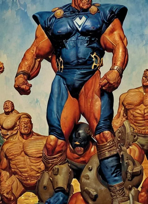 Prompt: full body and head portrait of huge mutant dorian yates as marvel's armoured juggernaut, dynamic action, painted by norman rockwell and phil hale and greg staples and tom lovell and frank schoonover and jack kirby