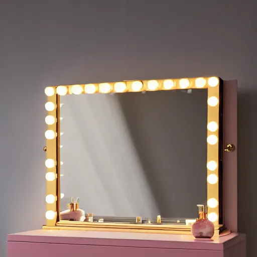 Image similar to modern minimalist golden baroque vanity mirror scattered with rose petals, softly lit, soft femme