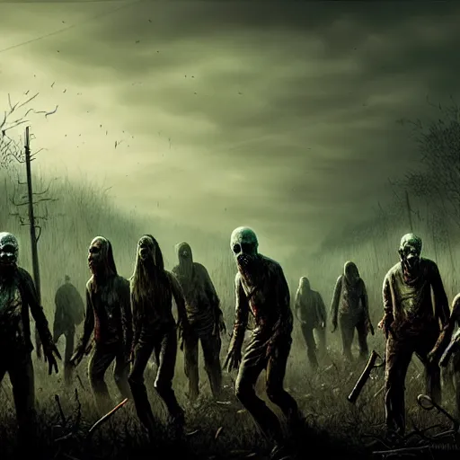 Image similar to a highly detailed scene of a zombie army, like walking dead, like night of the living dead, in the style of greg rutkowski, digital photography, photorealistic, realistic, extreme detail