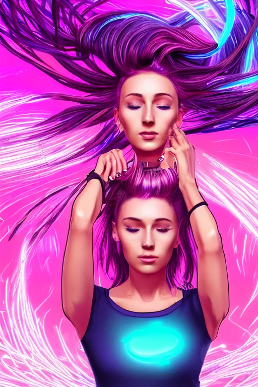 Image similar to a award winning half body portrait of a beautiful woman in a croptop and cargo pants with ombre purple pink teal hairstyle with head in motion and hair flying, surrounded by whirling illuminated lines, outrun, vaporware, shaded flat illustration, digital art, trending on artstation, highly detailed, fine detail, intricate