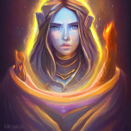 Image similar to beautiful holy female wizard, yellow lighting, emma waston face, in hearthstone art style, epic fantasy style art, fantasy epic digital art, epic fantasy card game art