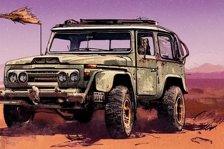 Image similar to digital illustration of mad max's fj 4 0 decrepit pursuit special, rusty nissan fj cruiser 1 9 8 0 s, the last v 8 interceptor by makoto shinkai, ilya kuvshinov, lois van baarle, rossdraws, basquiat