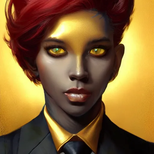 Image similar to portrait of a beautiful nonbinary actor with dark skin and messy short red hair wearing a men's suit, elf ears and gold cat's eyes, by Gerald Brom and Ross Tran, dramatic lighting, 4K, trending on artstation