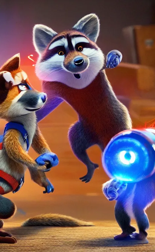 Image similar to “red racoon holding laser gun standing face to face off with blue racoon holding laser gun, boxing style face off, cinematic, dramatic in the style of zootopia”