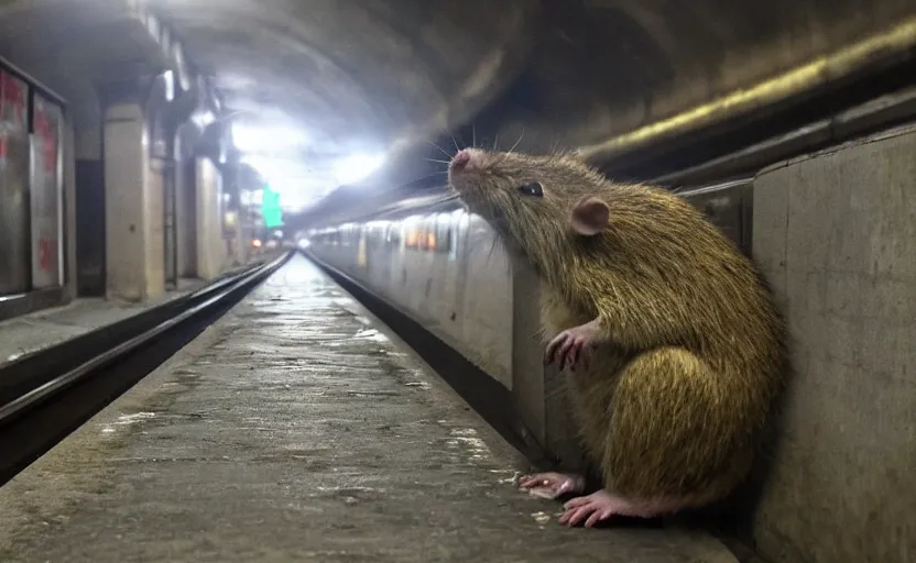 Prompt: very large giant mutant antropomorphic rat staying on railways in tonnel of moscow subway. extreme high detail. low light, scary atmosphere, darkness