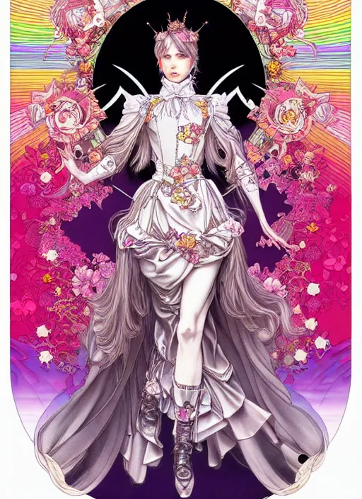 Image similar to highly detailed ayami kojima artgerm terada katsuya artstation manga poster of princess mechine, rainbow gradient reflection, long hair, armor, dress, laces, ruffles, 8 k, maximalist,, jump comics, tomer hanuka, alphonse mucha