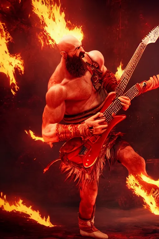 Prompt: kratos rocking out on a flaming stratocaster guitar, cinematic render, god of war 2 0 1 8, playstation studios official media, lightning, flames, red stripe, red left eye stripe, clear, coherent