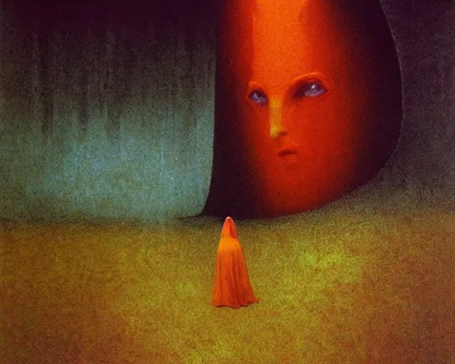 Image similar to by francis bacon, beksinski, mystical redscale photography evocative. devotion to the scarlet woman, priestess in a conical hat, vision quest, insight, divine presence