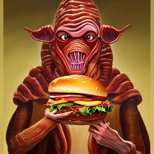 Image similar to detailed full body concept art illustration oil painting of Jar Jar Binks eating hamburgers, extra ketchup, bacon lettuce and tomatos, oriental art nouveau, frock, mid body, radiant halo of light, black gold smoke ink, woman covered in bacon and cheese, peter mohrbacher, artgerm