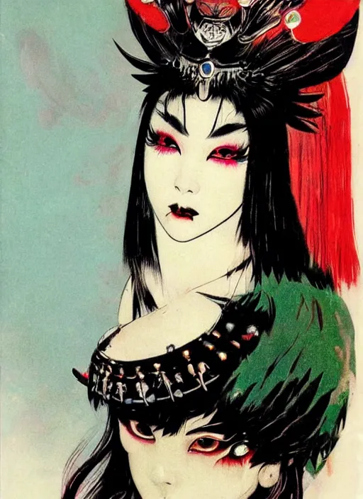 Image similar to female korean vampiress, jeweled headdress, heavy mascara, strong line, saturated color, beautiful! coherent! by frank frazetta, high contrast, minimalism