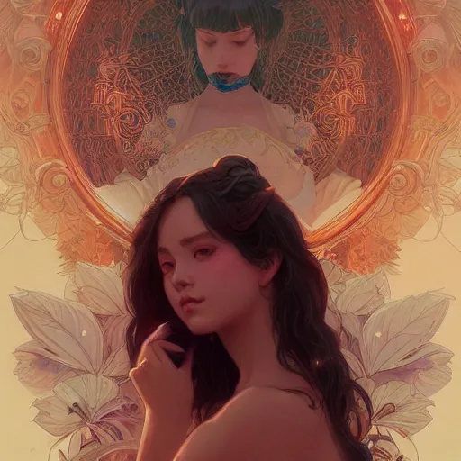 Image similar to beautiful young girl vaporwave aesthetic, synthwave, intricate, elegant, highly detailed, digital painting, artstation, concept art, smooth, sharp focus, illustration, art by artgerm and greg rutkowski and alphonse mucha