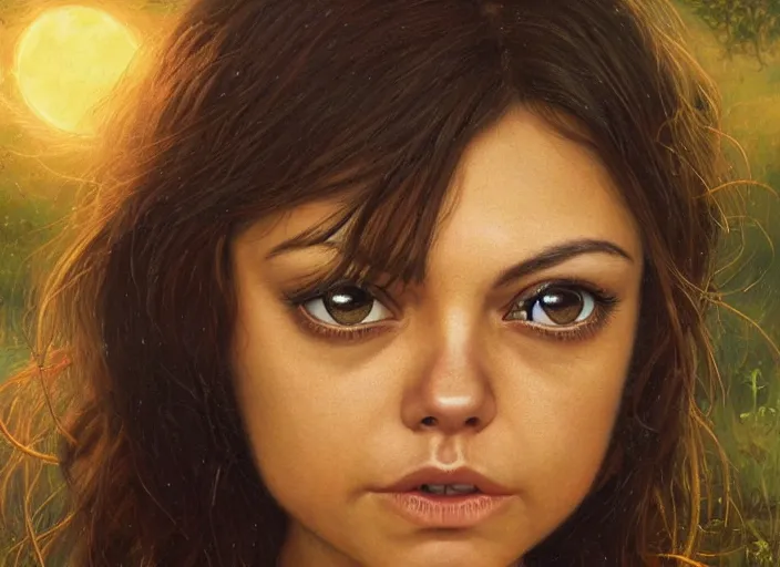 Image similar to big-eyed surprised Mila Kunis staring intensely into the camera, sundown golden hour firefly wisps, Lilia Alvarado, Sophie Anderson, Mark Arian, Bob Byerley, Charlie Bowater, Mark Brooks, Steve Henderson, Justin Gerard, Arthur Hughes, Edward Robert Hughes, Mark Keathley, Victor Nizovtsev, Carlos Shwabe, Ross Tran, WLOP