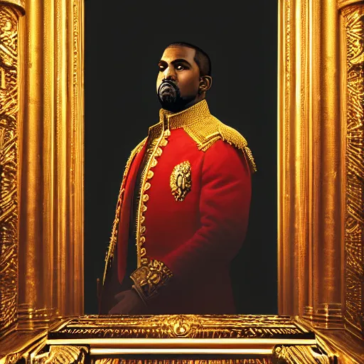 Image similar to Portrait of Kanye West as emperor napoleon, splash art, cinematic lighting, dramatic, octane render, long lens, shallow depth of field, bokeh, anamorphic lens flare, 8k, hyper detailed, 35mm film grain