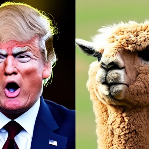 Image similar to an alpaca that resembles donald trump spits in joe biden's face, photorealistic - h 6 4 0