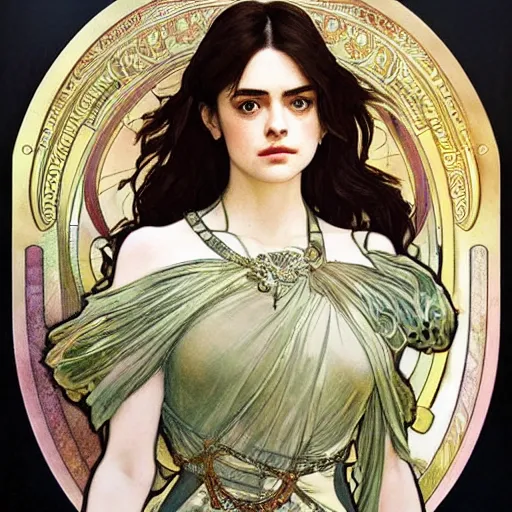 Image similar to a combination of Alexandra Daddario, Maisie Williams, Krysten Ritter, Anne Hathaway and Natalia Dwyer Christina Ricci and Lily Collins by Alphonse Mucha, Magali Villeneuve and Livia Prima