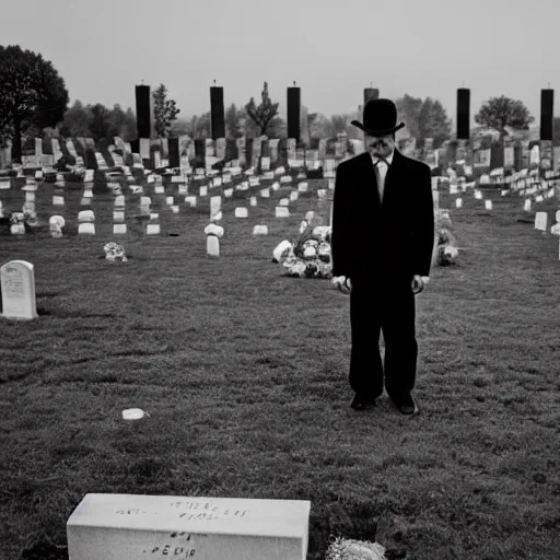 Prompt: A photo of a man wearing a black suit visiting a grave at the cemetery, grey weather