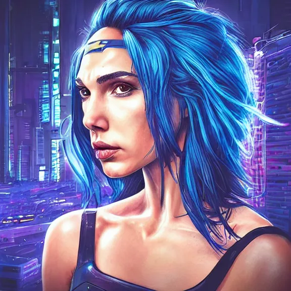 Image similar to “hiperrealist close up portrait of cyberpunk Gal Gadot with blue hair, digital art, concept art, neon colors, studio lightning, high contrast, sharp focus, ultra high detail, photorealist, Artstation HQ, DeviantArt, cybernetics, techwear, urban samurai, netrunner, Shadowrun, Cyberpunk 2077, Deus Ex, 8k UHD, Unreal Engine 5”