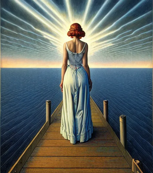 Prompt: a fancy beautiful young lady standing on a wharf at the edge of the sea by rob gonsalves and brom and gil elvgren and jean delville and william blake and norman rockwell and dan mumford, crisp details, hyperrealism, high detail, high contrast, low light, grey mist, cobblestones, dim lantern