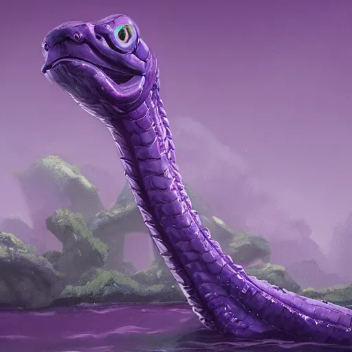 Image similar to a purple head of a small sea serpent with big white eyes, sticking above the water in the mangroves, marshes, trending on artstation, 4 k, video game art, oil painting