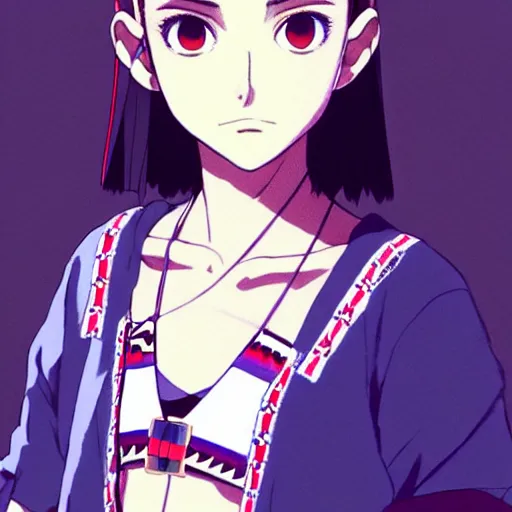 Image similar to a beautiful! boyish! natalie portman alluring gravure! model, wearing japanese hiphop school girl outfit with mayan pattern and native style, aztec street fashion, botw style, gapmoe yandere grimdark, trending on pixiv fanbox, painted by greg rutkowski makoto shinkai takashi takeuchi studio ghibli, akihiko yoshida