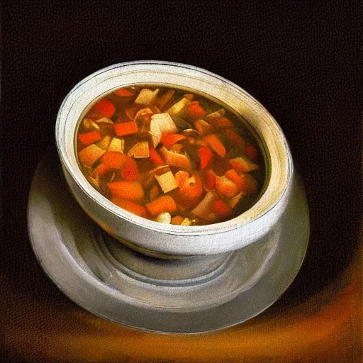 Prompt: by william hogarth graceful, opulent. in this performance art, the artist has used a photo - realist style to depict a can of soup. the can is placed on a plain background, & the artist has used bright, primary colors to create a striking image. the performance art is both realistic & abstract