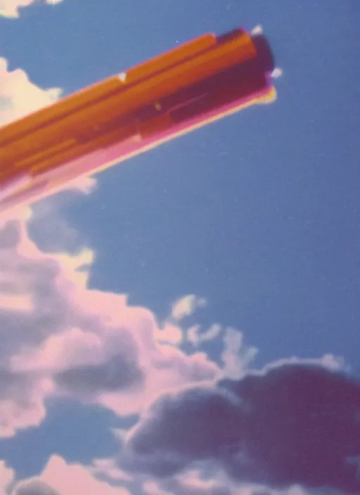 Prompt: vintage recording of spaceship take off into cloudy blue sky screenshot, vhs