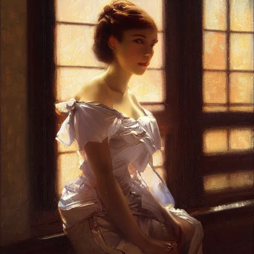 Prompt: a classy high fashion stunning backlit portrait of frowning anime girl, by window, painting by gaston bussiere, craig mullins, j. c. leyendecker