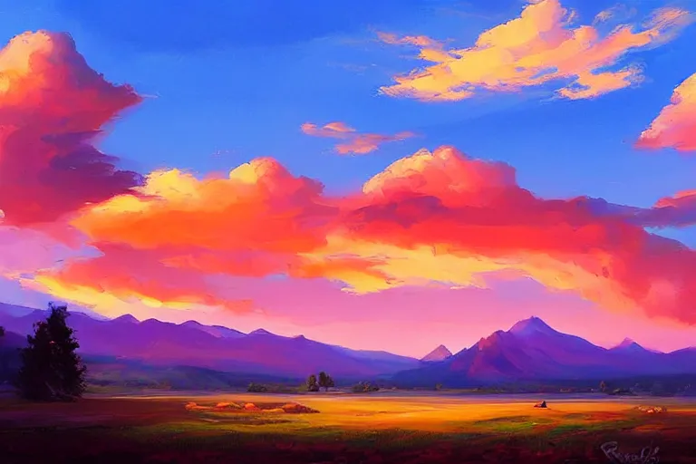 Image similar to a beautiful colorful nature landscape with clouds, mountains, in background, sunset, by rhads