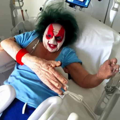 Image similar to crazy old lady clown with wrist restraints in hospital bed