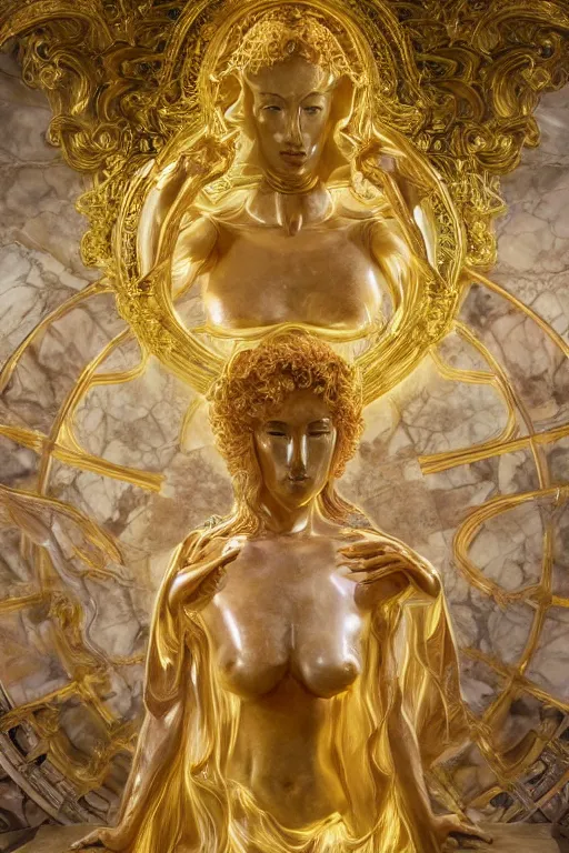 Prompt: marble sculpture depicting a woman programming the samsara holy cluster, hi tech, sci fi, cybernetic, dramatic lighting, digital photography, stunning, visionary, hyper realistic, beautiful, wow, gilt metal, rich marbles, by gian lorenzo bernini, by brecht evens, by jean delville, beautiful render, ultra detailed, sharp, 8 k