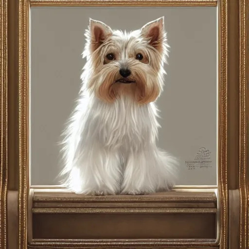 Image similar to white yorkshire terrier sitting on throne, cats sitting around throne, portrait art by donato giancola and greg rutkowski, realistic face, digital art, trending on artstation, symmetry