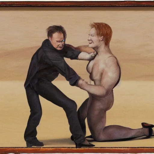 Image similar to conan o'brien and andy richter wrestling, by leonardo davinci