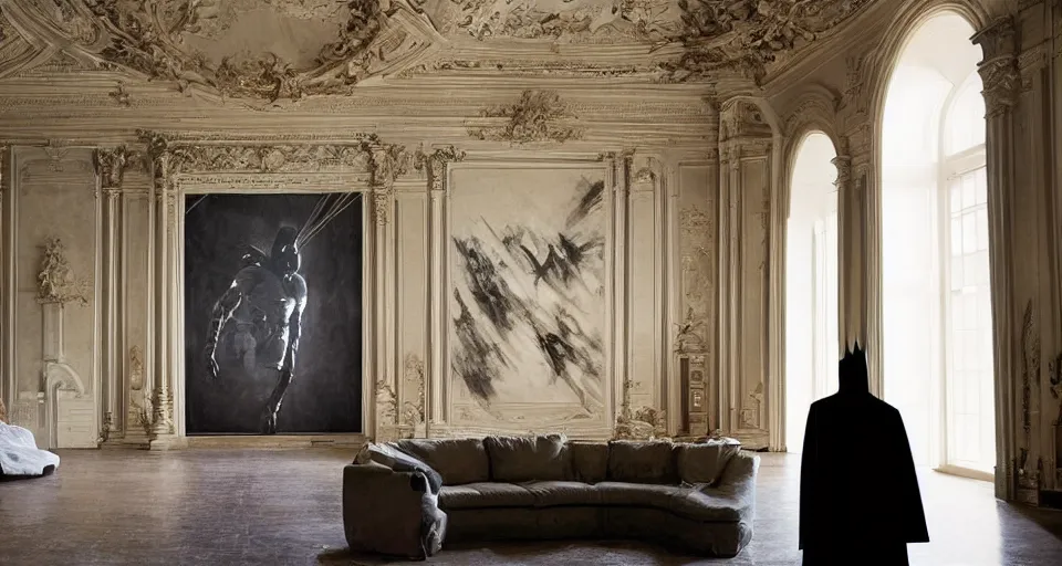 Image similar to Batman standing in giant Italian modern castle living room, clean minimalist design, that is 1300 feet tall, with very tall giant walls filled with modern art paintings, doors that are cosmic portals, photo by Annie Leibovitz